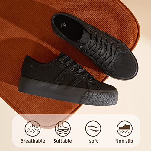 Waluzs Platform Sneakers For Women Low Top Platform Shoes Lace Up Womens Canvas Shoes Breathable White Tennis Shoes (Full Black,Us10) #TOP4