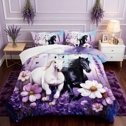 HOSIMA Horse Twin Bedding Sets for Girls Room Decor,Black White Galloping Horses Pattern Animal Comforter,Fluffy Lightweight Lavender Print Farmhouse Bedding for Teens Boys with 2 Pillowcases.