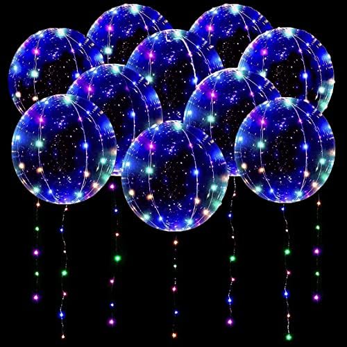 10 Pack LED Balloons Light Up Balloons, 20 Inches Clear Bobo Balloons, Helium Balloons Glow in the Dark Balloons, Colorful Party Balloons for Valentines Day Birthday Wedding Christmas Decoration