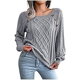 Dajowake Strickpullover Lustig Damen Pullover Weihnachten Lang Strickpulli Einfarbig Rundhals Jumper Sweater Taillierter Strickwaren Frauen Häkelpullover Gray L