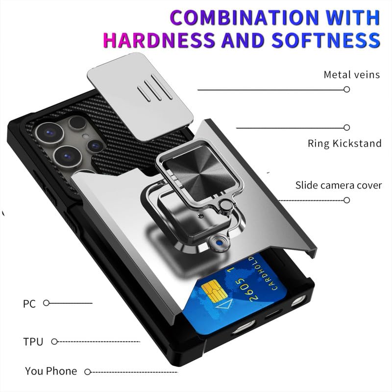 Image of LuxuryKase Shockproof Armor Case for Samsung Galaxy S24 Ultra | Slide Camera Cover | Hidden Card Slot | Rotating Ring Kickstand | Magnetic Car Mount Support | Military Grade Protection - White