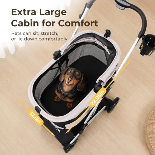 Image of T4 PRO Pet Stroller for Small Medium Dogs, Cat Strollers for 2 Cats, 4 Wheels Folding Pet Stroller for Cats with Pad, Canopy and Cup Holder, Beige