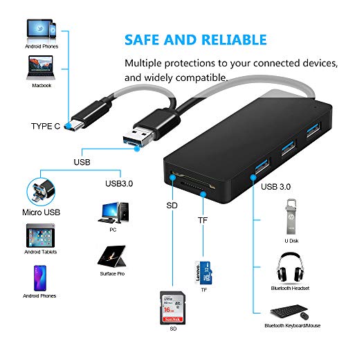 Micro USB OTG to Type C Adapter, Opluz 3-Port 6 IN1 USB/USB C HUB Adapter Fast Speed 5Gbps, Card Reader Read 2 Cards Simultaneously CF/TF/SDXC/SDHC/SD/MMC/Micro SDXC/Micro SD/Micro SDHC/MS/UHS-I