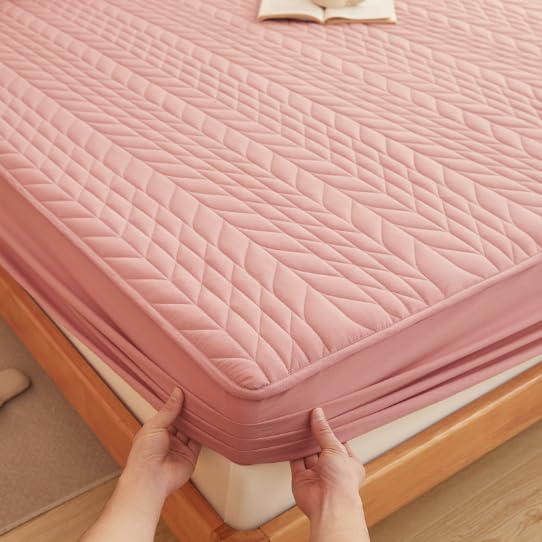 FCLDESHOP Plusieurs Tailles et Couleurs Disponibles,Draps-Housses épais matelassés en Pur Coton de Couleur Unie, adaptés aux Matelas de 12"/30 cm de Profondeur, Rose, 120 x 200 cm + 30 cm