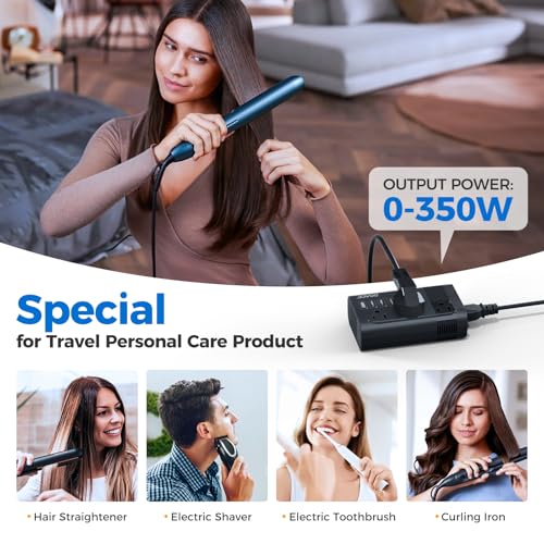 Image of DOACE 350W Voltage Converter US to Europe for Hair Straightener Curling Iron CPAP -220V to 110V Converter for European Travel, 7 in 1 Power Converter Adapter Combo with 3 AC & 2 PD & 2 USB Chargers