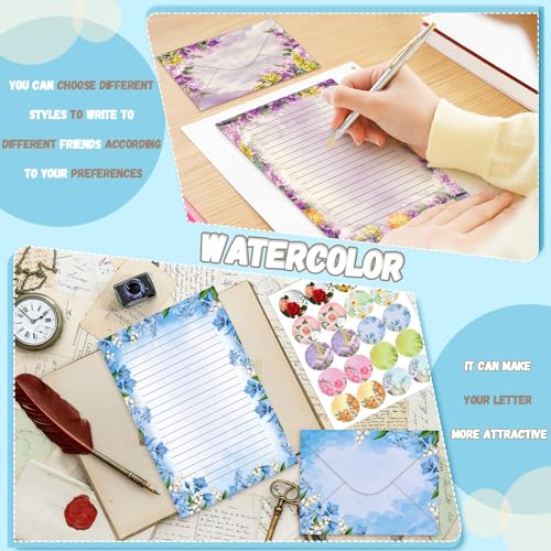 Image of TaoBary 160 Pcs Flower Stationery Paper and Envelopes Set 50 Double Sided Lined Stationery Paper with 50 Matching Envelopes and 60 Round Dot Sticker 8.5 x 11'' Letter Writing Kit, 10design