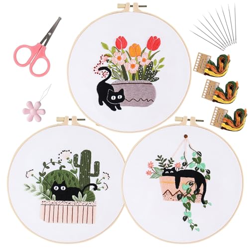 Image of LB Cat Embroidery Kit for Beginners Adults, 3 Sets Hand Embroidery Starter Kit with Cactus Floral Pattern and Instructions Stamped Cross Stitch Kits Include Embroidery Hoop Needles Threads Scissors