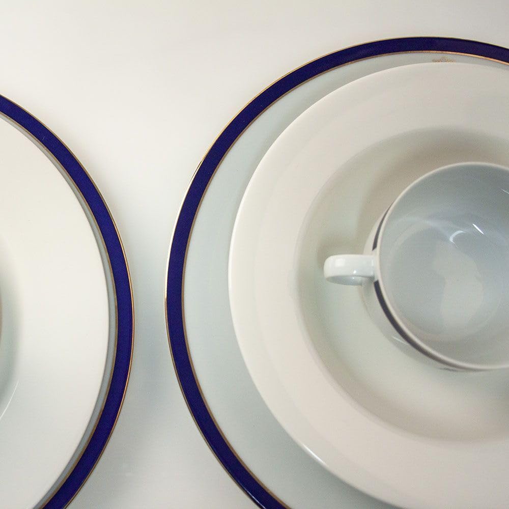 FranquiHOgar Platos de presentación (12 platos) Grandes 30 cm, Bajoplatos de Porcelana para Servir Clásicos | Juego de Platos Duisburg Blancos Decorados con Oro y un Toque de Azul Cobalto