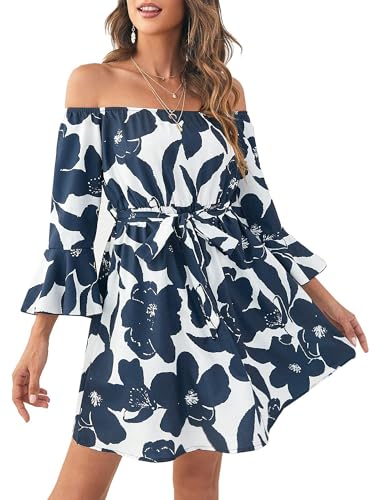 JECEIKA Womens Off Shoulder Dress Ruffle Floral Spring/Summer Wedding Guest Dresses 2024 Casual Tied Rehearsal Dinner Dress Large Blue