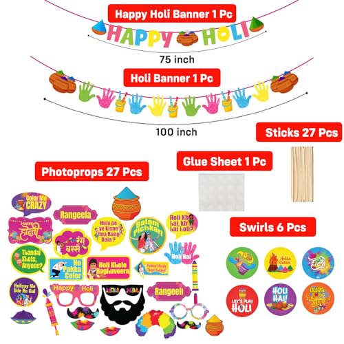 Image of Party Propz Holi Decoration Items for Home - 63 Pcs Holi Props for Decoration, Unique Banner and Swirls Set, Complete Party Decor Kit for Home, Office, Vibrant and Eye-catching Design (Cardstock)