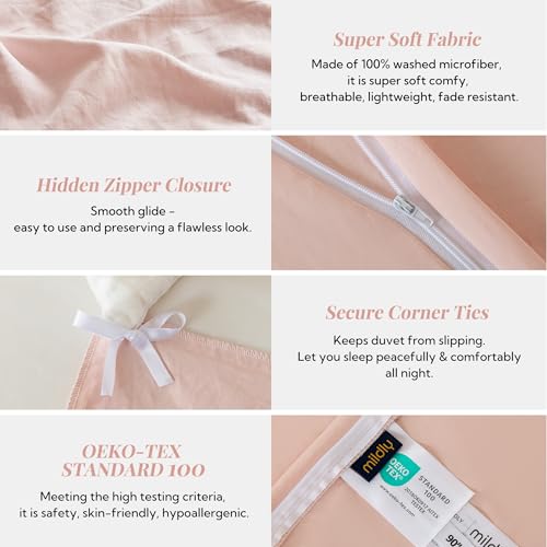 Image of MILDLY Duvet Cover 90 inchx98 inch Ultra Soft Comforter Cover Set 3pcs, Pink | Washed Microfiber Cotton-Like, Breathable Comfort, Hidden Zipper, 8 Corner Ties, OEKO-TEX Certified, Fade Resistant