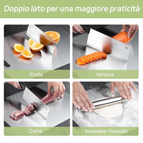 2 Pezzi Tagliere in Titanio, 316 Tagliere Acciaio Inox, Doppio Lato per Alimenti,Cutting Board per Verdura,Frutta,Carne, Pane(34x23cm+25x15cm) - immagine 3
