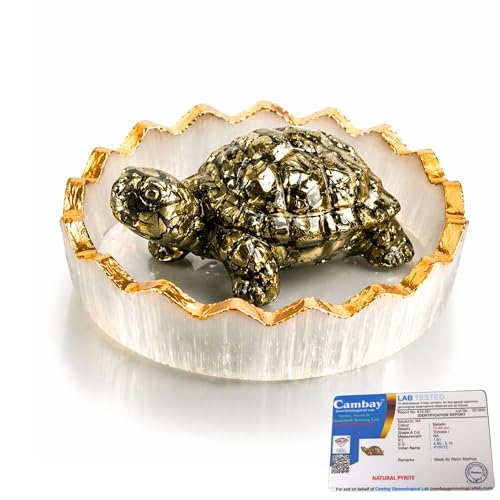 Image of Lab Certified Natural Pyrite Tortoise (Kachhua) Crystal for Wealth, Success & Vastu | Home Decor Figurine (Pyrite Tortoise with Selenite Plate)