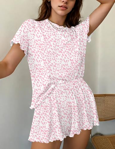 Image of Ekouaer Womens Pajamas 2 Piece Ribbed Knit Pjs Short Sleeve Sleepwear Set Summer Soft Pajamas Set Casual Lounge Sets