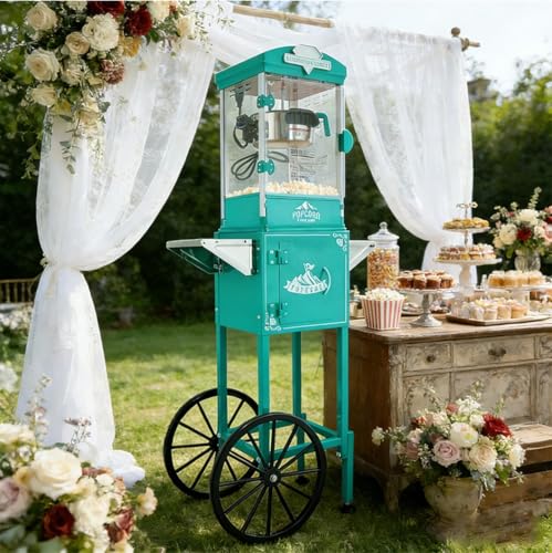 Image of Popcorn Machine with Cart,Wheels & 10 Oz Kettle Popcorn Maker Measuring 3 plastic spoon Home Theater Popcorn Machine-Cyan