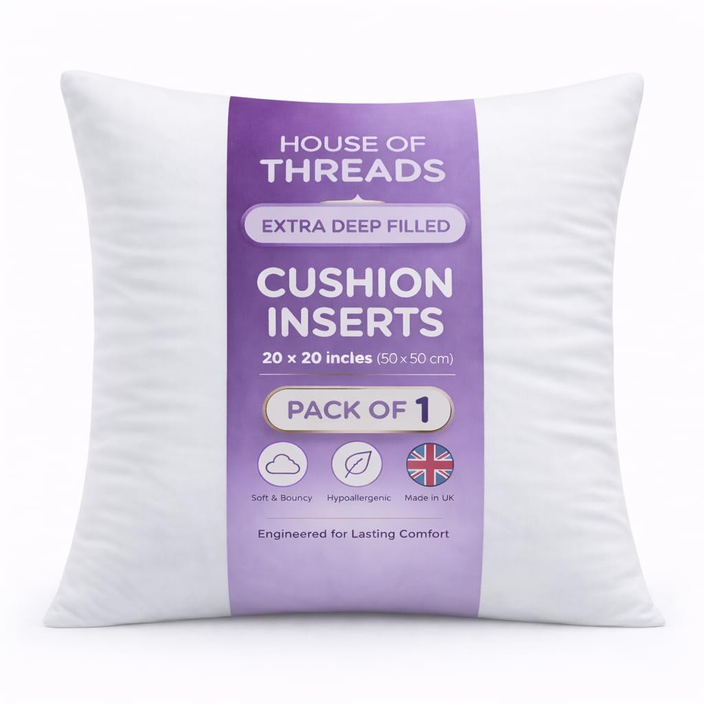 HT House Of Threads 20 x 20 Inches (50cm x 50cm) Extra Deep Filled Hotel Quality Cushion Pads Inners Insert Fillers Hollowfibre Cushion Pads Pack of 1, White โ image 1