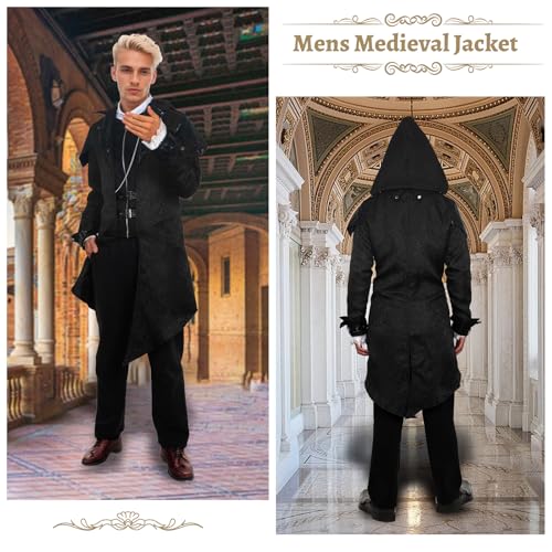 Chaqueta steampunk medieval de hombre con capucha gótica vintage 6