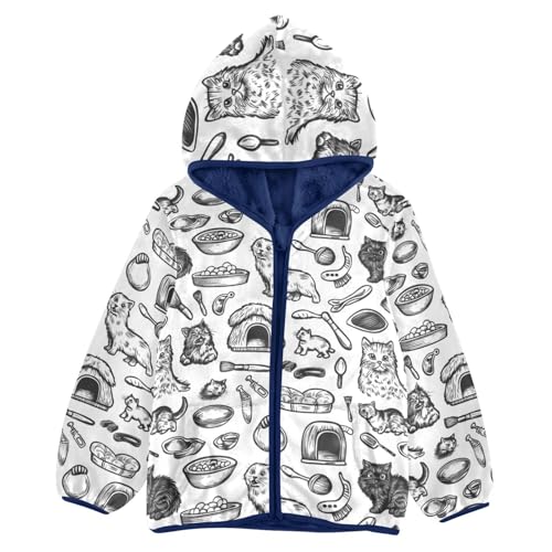 Black White Line Cat Girls Fleece Jacket Girls Fall Jacket Boys Coats Zip Up Hoodie Children Sherpa Warm Outerwear 2-10T
