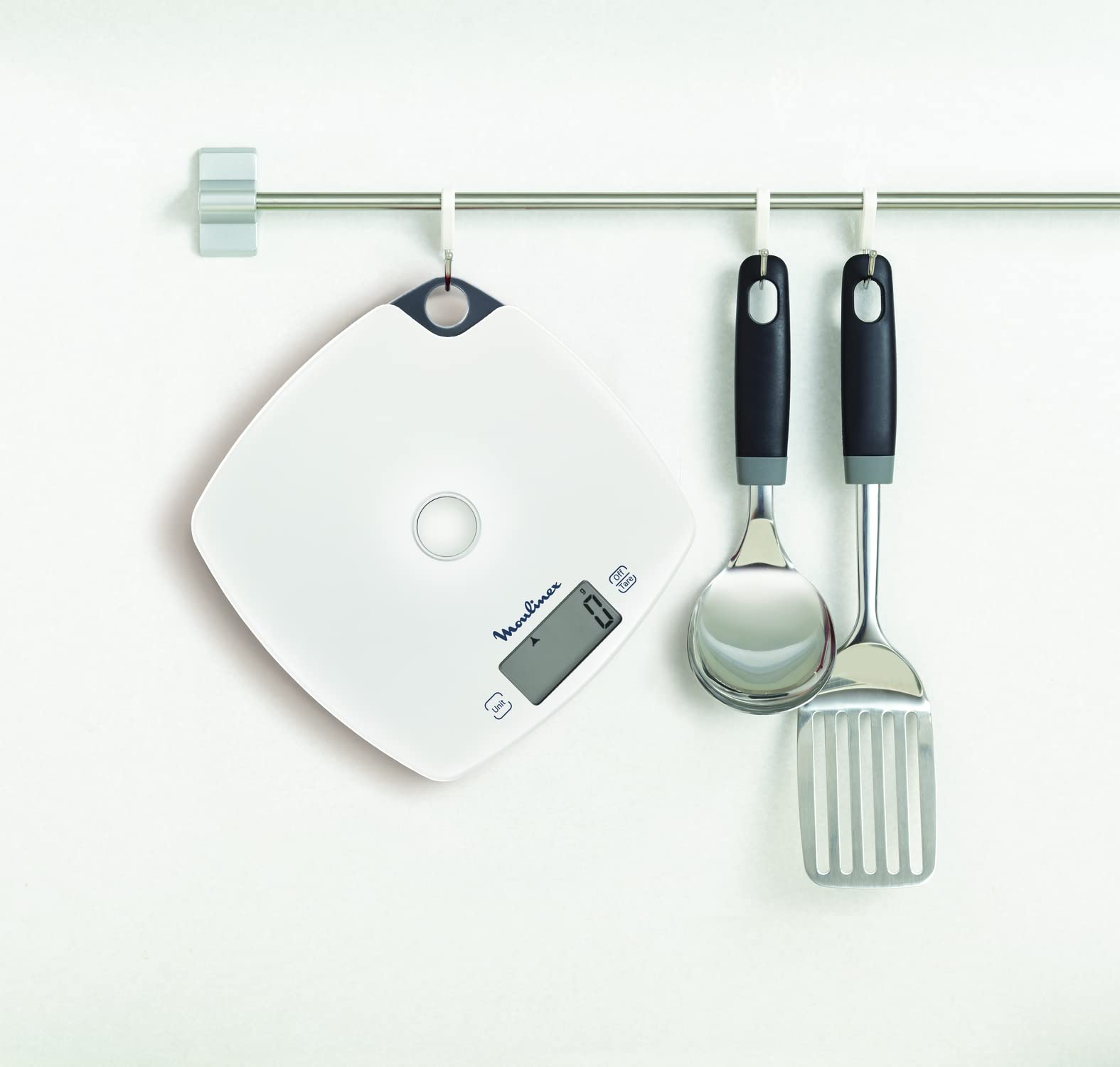 Moulinex BN1000 Compliss - Báscula de cocina, capacidad de hasta 5 kg, pantalla LCD, función Tara, gancho para colgar, color blanco