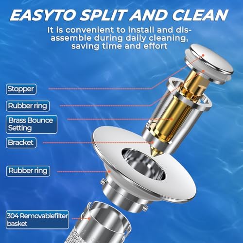 Image of SUS304 Stainless Steel Pop-Up Drain Stopper with Mesh Filter | Hair Catcher Basket, Push to Open /Close, Chrome Finish, Bathroom Sink Drain, Corrosion Resistant
