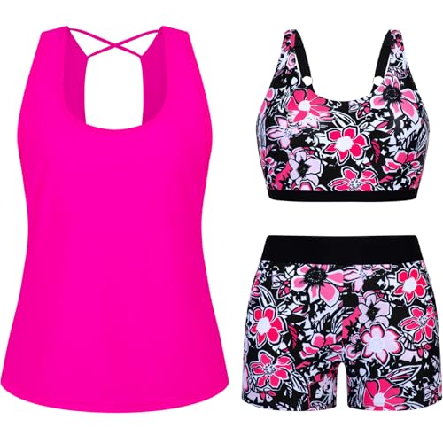Arolina 3 Piece Swimsuits for Women Tankini Sets Modest Bathing Suits Plus Size Swimsuit Swimwear 2026 Rose-red Flowers Large