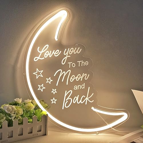 Image of Britrio LED Moon Neon Light Sign, 15.75”x10.24” Warm White Love You To the Moon And Back Neon Wall 3D Art for Party Girls Kid’s Bedroom Living Room,Home Decor Night Light 5V USB Powered with Dimmer Switch