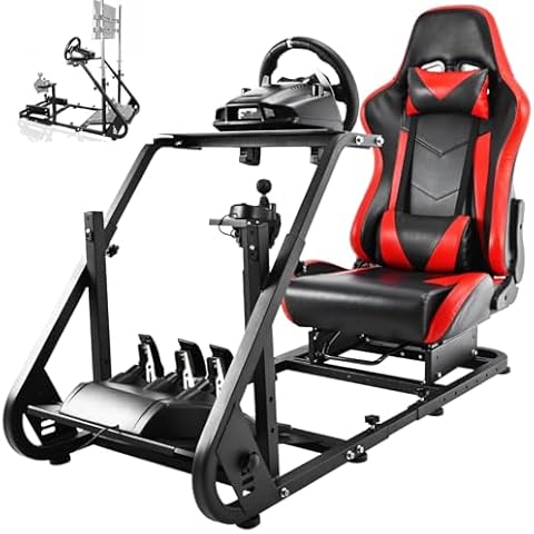 Hottoby Adjustable Racing Simulator Cockpit with Red Seat Fit for Logitech/Thrustmaster/Fanatec G920 G923 G29,Mountable Monitor Stand,Frame Double Arm Reinforcement,No Steering Wheel,Pedal & Handbrake Cover