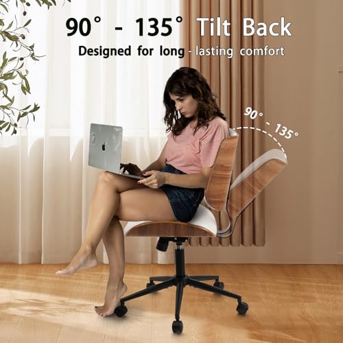 Image of CLATINA Office Desk Chair, Armless Home Chair with Wheels, Adjustable Height Reading Chair, Leather Mid Back & Swivel Computer Chair, Modern Walnut Chairs with Back for Studio Meeting Room(White)