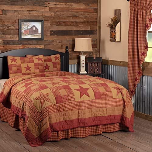 Vhc Brands Ninepatch Star 2 Piece Twin Quilt Set Country Patchwork Design, Burgundy #TOP5