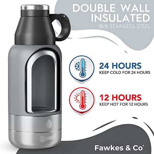 Fawkes & Co Dog Water Bottle | Portable Dog Water Bottle Dispenser | Puppy Travel Pet Dog Water Bottle Bowl | Thermos Canteen Insulated Stainless Steel Dog Water Bottle With Bowls Attached | 32Oz Gray #TOP3