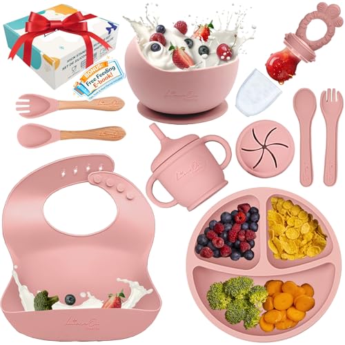 Image of Silicone Baby Feeding Set, 10 Pcs Baby Led Weaning Supplies | BPA-Free Baby Dishes with Toddler Plates and Bowls Set, Silicone Bib, Suction Cup, Baby Spoons & Forks | Empower Independence – Pink