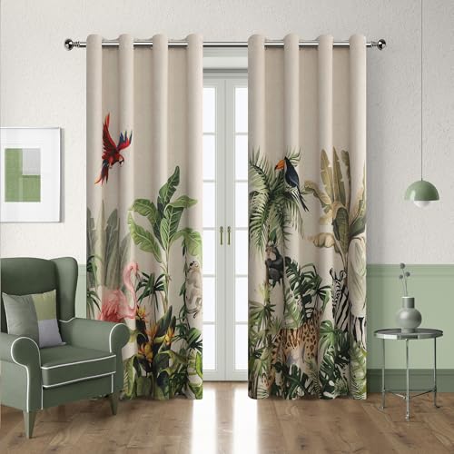Image of 80% Blackout Curtains for Bedroom, Tropical Plant Window Drapes 102 Inch Length for Living Room, Thermal Insulated Grommet Curtains, 2 Panels