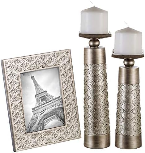 Dublin Set of 2 Candle Holders and matching 5 X 7 Picture Frame - Home Decor Centerpiece for Fireplace, Desktop, Living or Dining Room Table, Coffee Table Mantle Decor (Brushed Silver)