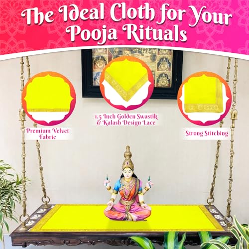 Image of Bhakti Lehar (20 x 40 Inch) Plain Yellow Velvet Pooja Aasan for God Idol /Chowki Aasan Kapda Cloth for Temple Shelf Home Mandir, Ganesh Baithak and God Idol Sitting - Pack of 2