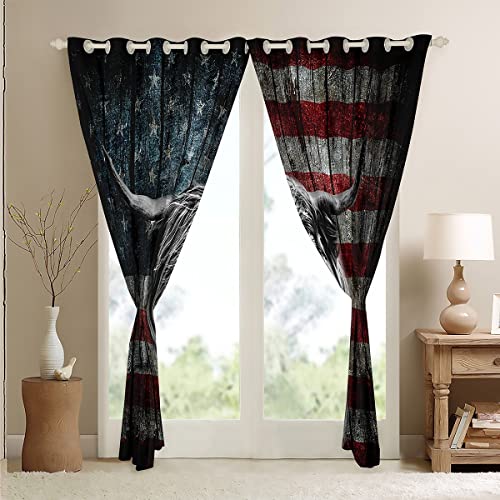 Feelyou Highland Cattle Window Curtains For Bedroom Living Room Sunflower Highland Cow Curtains For Kids Boys Girls America Flag Bull Window Drapes Animal Window Treatments 42W X 63L，2 Panels #TOP3