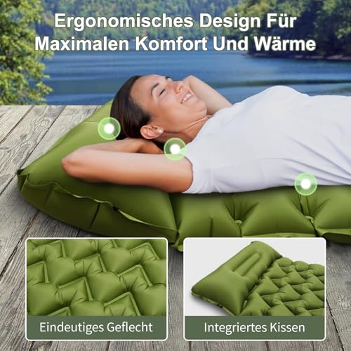 Camping Isomatte Selbstaufblasend, Ultraleicht Aufblasbare Matratze mit integrierten Kopfkissen, Kleines Packmass Aufblasware Luftmatratze, Fußpresse Pumpe, Faltbar Campingmatratze für Outdoor – Bild 5