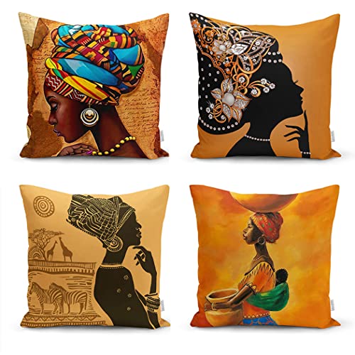 Realhomes Set Of 4 African Woman Illustration Pattern Square Cushion Cover - Pack 4 Safari Black Throw Pillowcase - Ethnic Themed Brown Decorative Accent Pillow Cover - 18X18 Inc #TOP6