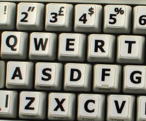 Qwerty Keys English UK Large Lettering (Upper Case) Non-Transparent WHITE Keyboard Stickers With BLACK Letters - Suitable for ANY Keyboard