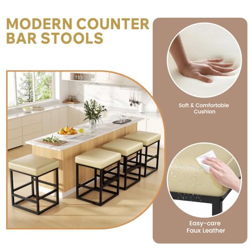 Image of Bar Stools Set of 2, 24in Counter Height Barstools, Counter Stools with Thick Square Seats & Sturdy Metal Base, Modern Faux Leather Bar Chairs for Kitchen Island (Beige)