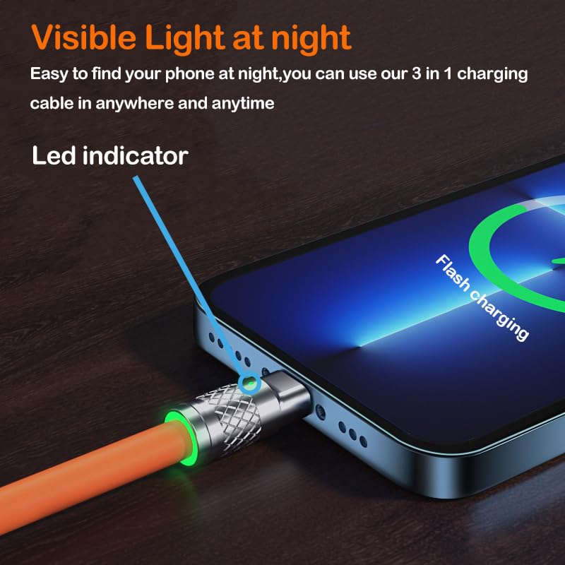 Image of 120W 3 in 1 Chubby Charging Cable 6.6FT Heavy Duty Charger Cord Chubby Charging Cable Zinc Alloy Soft Silicone Compatible with Cellphone Tablets,Fast Charging Cable for Home,Office,Car(Orange)