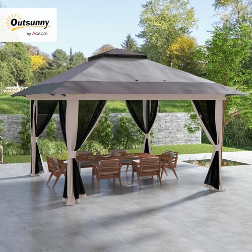 Outsunny Carpa Plegable Pop-up 4x4x2,8 m Cenador de Jardín con Paredes Altura Ajustable Anti-UV Impermeable Doble Techo Mosquiteras y Bolsa de Ruedas Gazebo para Exterior Fiestas Camping Gris Claro - imagen 2