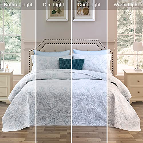 Chixin Cotton Quilt King Size - Real Stitching Leaf Pattern - Quilted Bedspread Coverlet Set, Ultra Soft, Lightweight, Reversible, 3 Piece, White With Blue Thread #TOP1