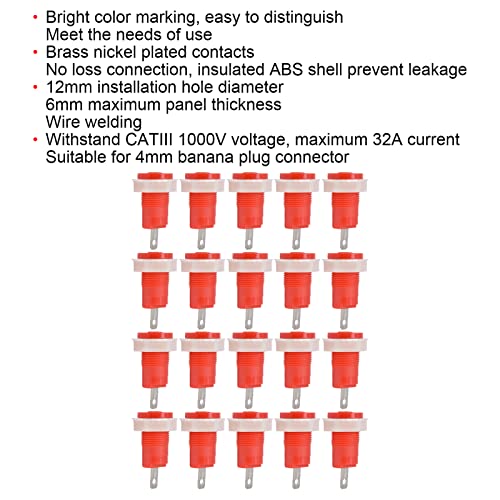 Image of 20Pcs 4mm Banana Jack Female Socket Panel Mount Connector (0.16in /4mm) - Banana Plug Adapter for Amplifier, Terminal, Splitter, Binding Post, 12mm Mounting Hole, 6mm Panel Thickness(Red)