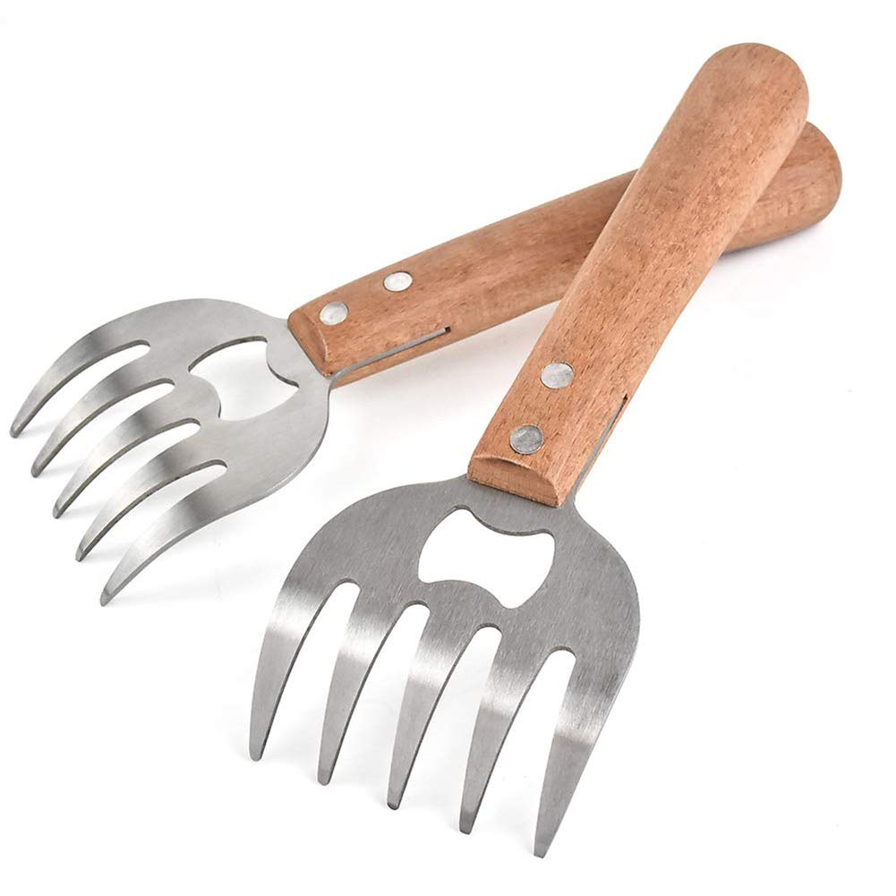 OTQEFTN Bear Claws Meat Shredder, Metal Barbecue Forks, Stainless Steel Meat Shredder with Wood Handle and Bottle Opener Function, Barbecue Tools for Easily Shredding Pulling LIF, 2PCS