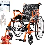 VOCIC Rollstuhl faltbar leicht bis 150KG,U31 Doppelbremsen Transportrollstuhl klappbar (17.5KG) mit Selbstantrieb (Warmes-Orange)