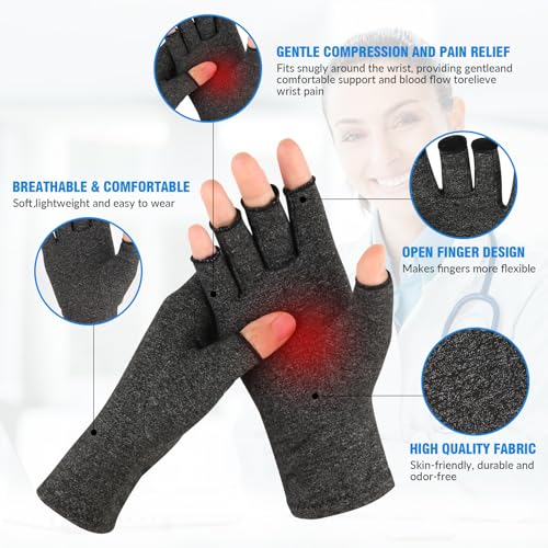 AovYoo 2 Paar Arthrose Handschuhe Fingerlose Kompressionshandschuhe, Arthriti Gaming Handschuhe für Arbeit Schlafen Sport,Bietet Halt und Wärme für die Finger (M, Grau+Rosa)