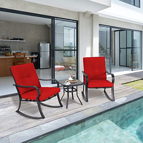 Incbruce 3 Piece Patio Bistro Set Outdoor Rocking Chairs Set, Porch patio chairs set of 2 with Coffee Table (Red Thickened Cushion)