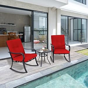 Incbruce 3 Piece Patio Bistro Set Outdoor Rocking Chairs Set Porch Patio Conversation Chairs Set of 2 with Glass Top Coffee Table Red Thickened Cushion