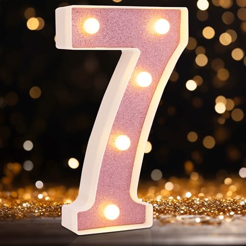 Image of LED Marquee Numbers, Small Light Up Numbers for Party, 8.58 Inch Battery Powered Lighted Number for Birthday, Night Light, Table or Home Decor (Pink Glitter, Number 7)