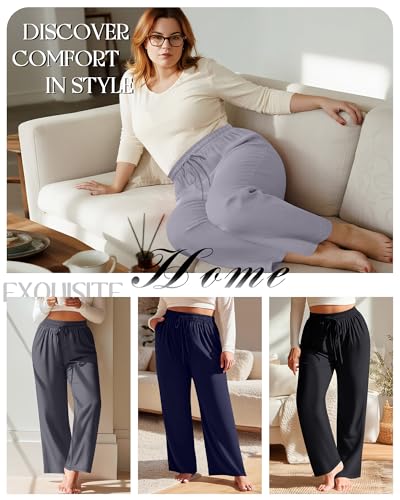 Neer 4 Pack Women's Plus Size Sweatpants Wide Leg Elastic Waist Loose Fit Lounge Pants Drawstring Jogger with Pockets2